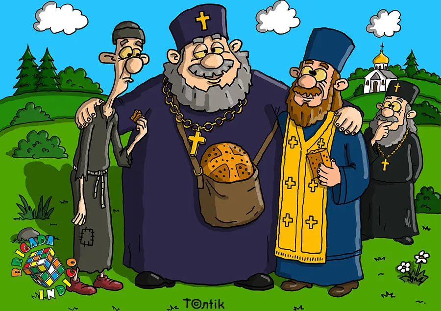 Карикатура к задаче «Двенадцать хлебов»: священники делят хлебы между церковными служителями
